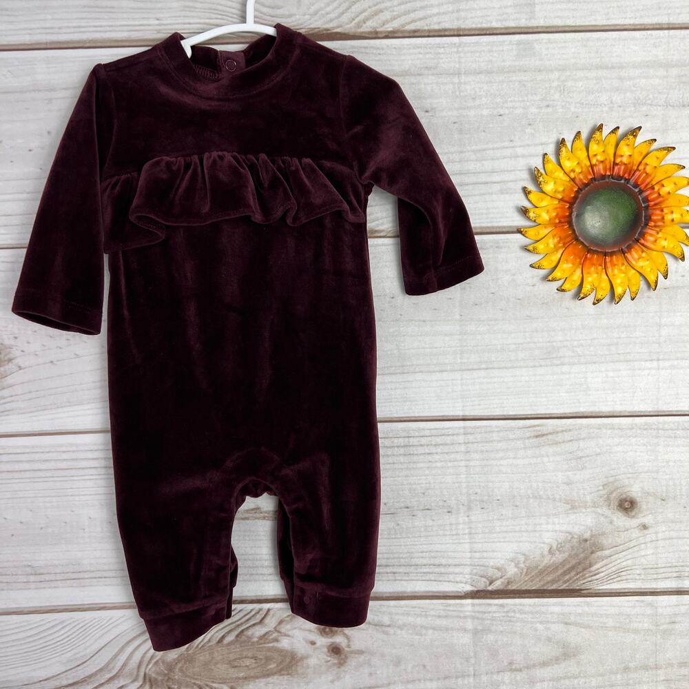 Gymboree‎ Baby Girls Burgundy Velvet Ruffle Long Sleeve Romper 3-6 Months